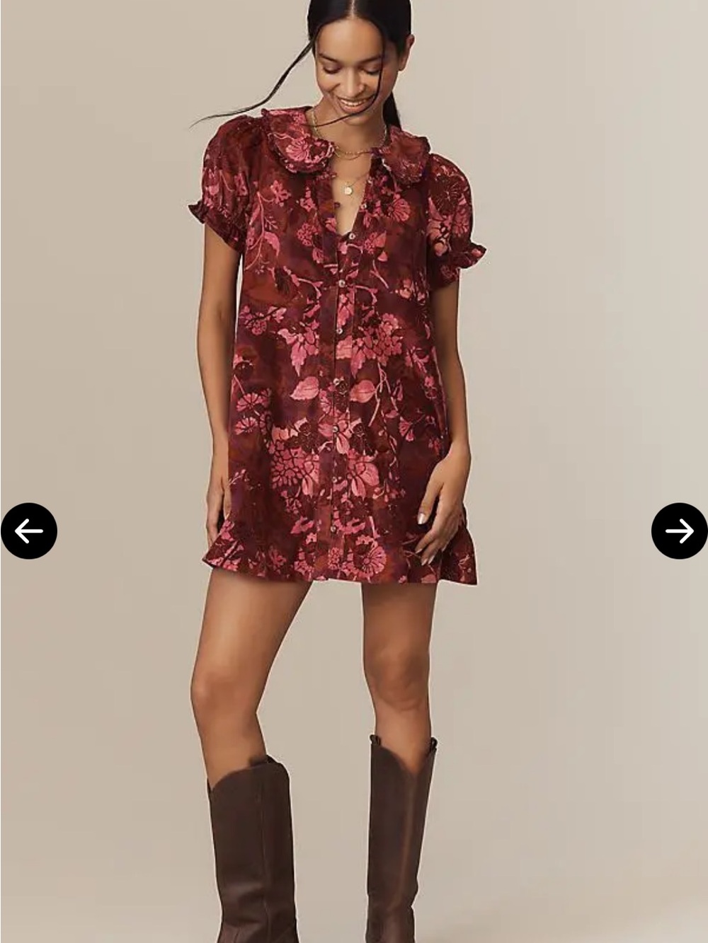 Pilcro Anthro Keira Floral Corduroy Mini Dress S Peter Pan Collar Puff Sleeve - Picture 3 of 6